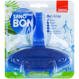 Odorizant solid pentru toaleta, Sano Bon Blue Apple Multi-Action, 5 in 1, 55 G